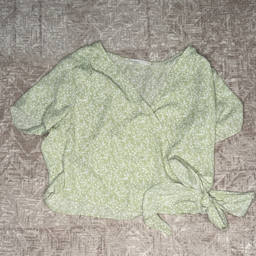 Lush Light Green Floral Wrap Blouse